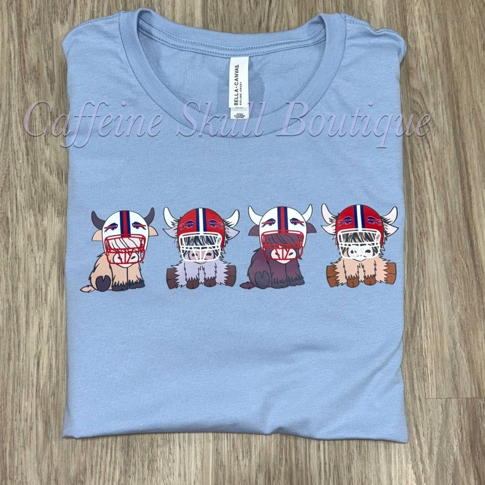 Bella Canvas Light Blue Short Sleeve Tee with football team highland cows